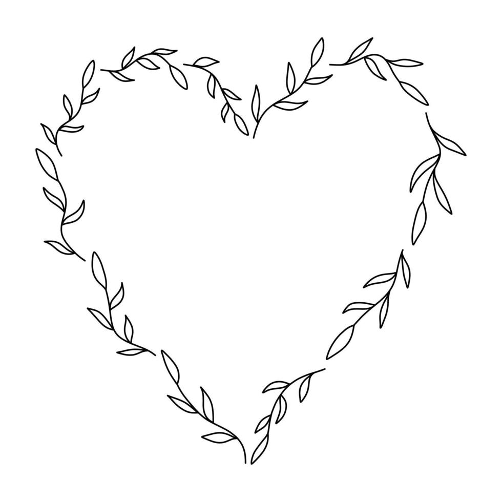 cadre floral vectoriel en illustration de style lineart noir. belle décoration en forme de coeur avec des feuilles pour les invitations, cartes de voeux, mariage