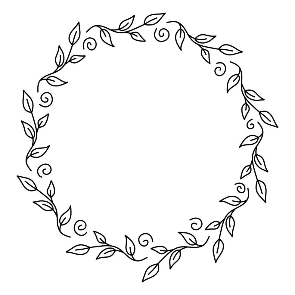 cadre floral vectoriel en illustration de style lineart noir. belle décoration ronde avec des feuilles pour les invitations, cartes de voeux, mariage