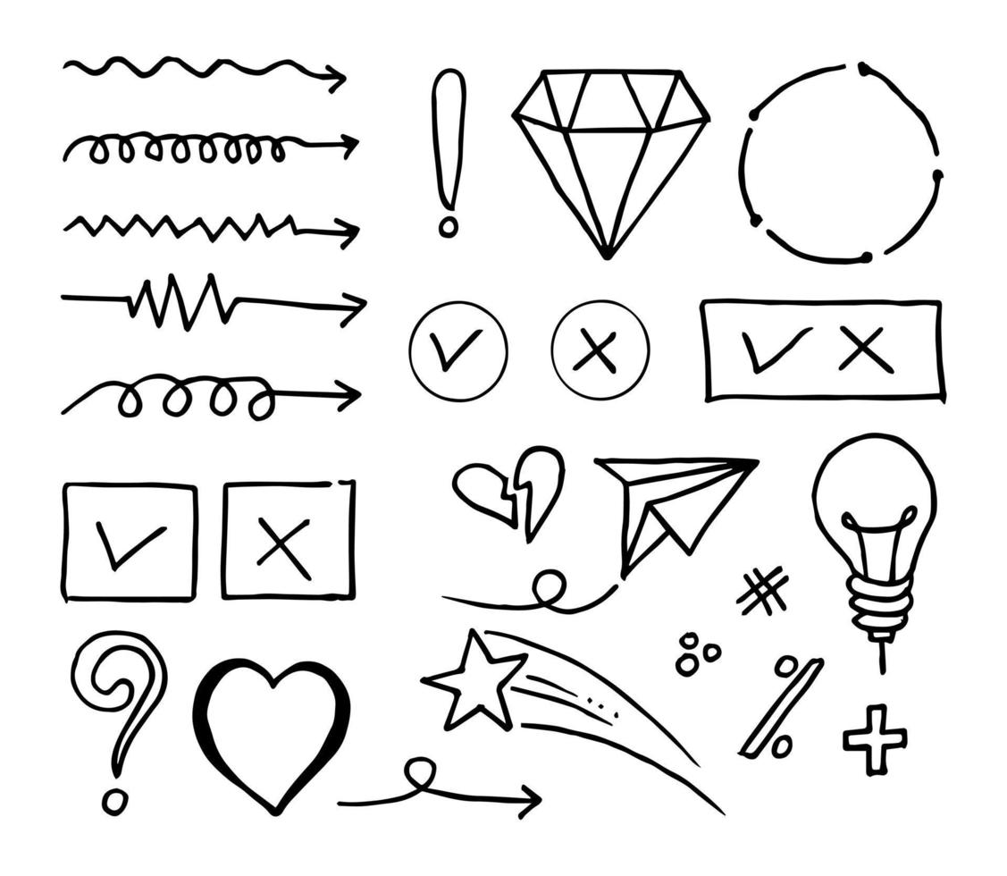 doodle vector set illustration avec vecteur de style d'art de ligne de tirage à la main. couronne, roi, soleil, flèche, cœur, amour, étoile, tourbillon, plonge, emphase, pour la conception
