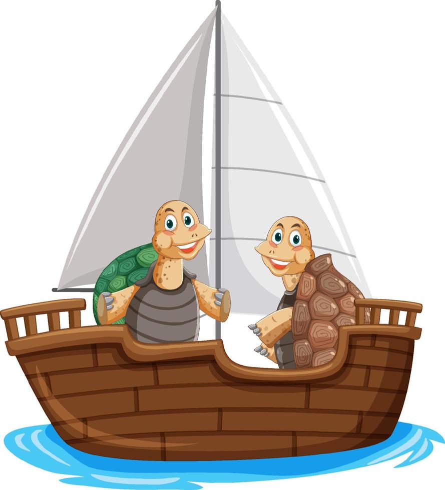 tortues sauvages sur un bateau en style cartoon vecteur