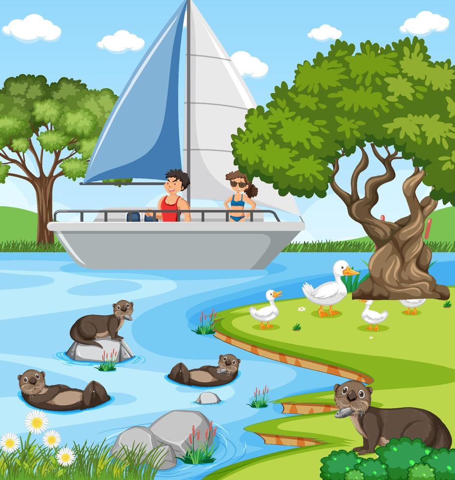 scène de forêt fluviale avec voyageur sur un voilier vecteur