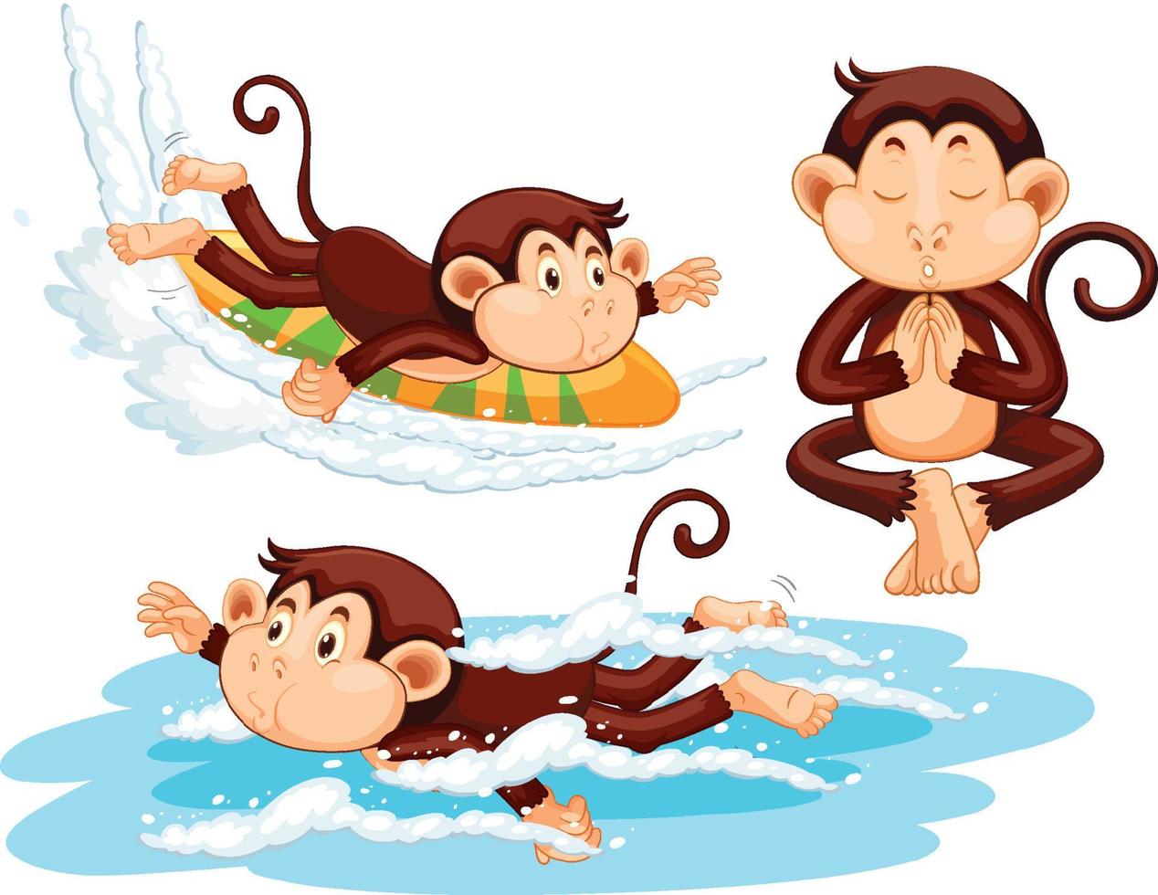 trois singes faisant différentes activités vecteur