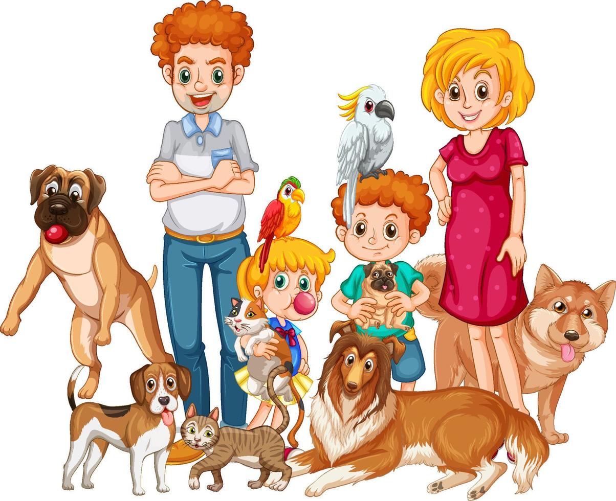 famille heureuse avec leurs animaux de compagnie en style cartoon vecteur
