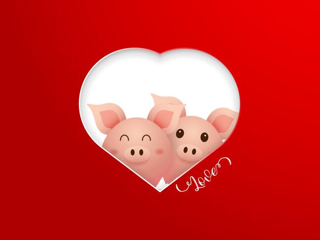 couple cochon mignon avec cadre en forme de coeur vecteur