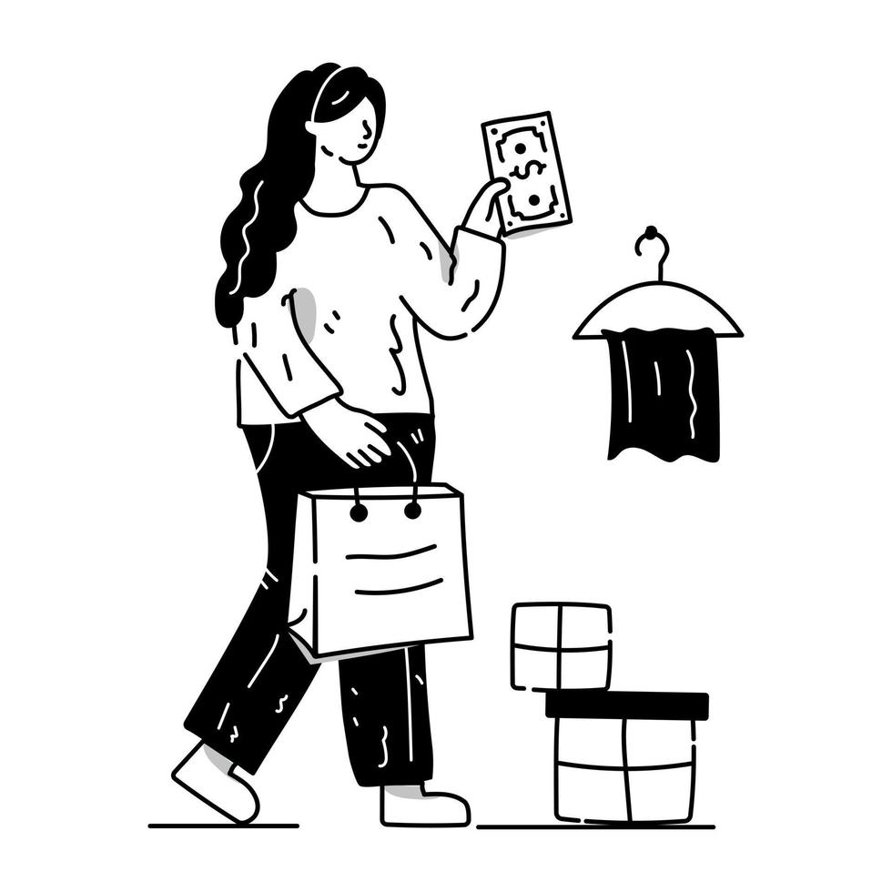 fille achetant des marchandises, illustration dessinée à la main vecteur