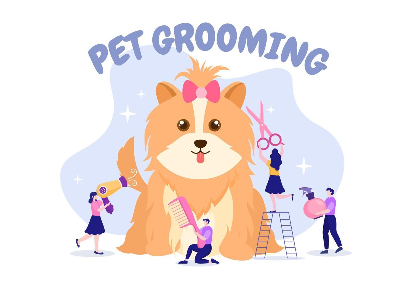 toilettage pour animaux de compagnie pour chiens et chats en illustration de fond plat dessin animé dessinés à la main. les principaux outils utilisés dans un salon de beauté pour une affiche ou une bannière vecteur