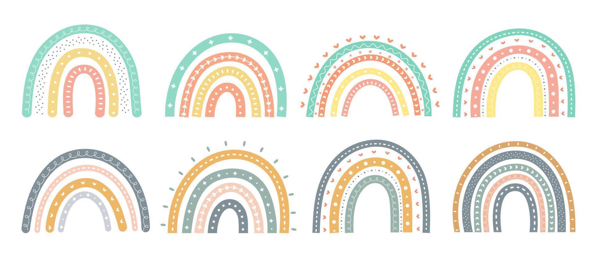 Éléments de carte de voeux mignons arc-en-ciel scandinave isolés sur fond blanc vecteur