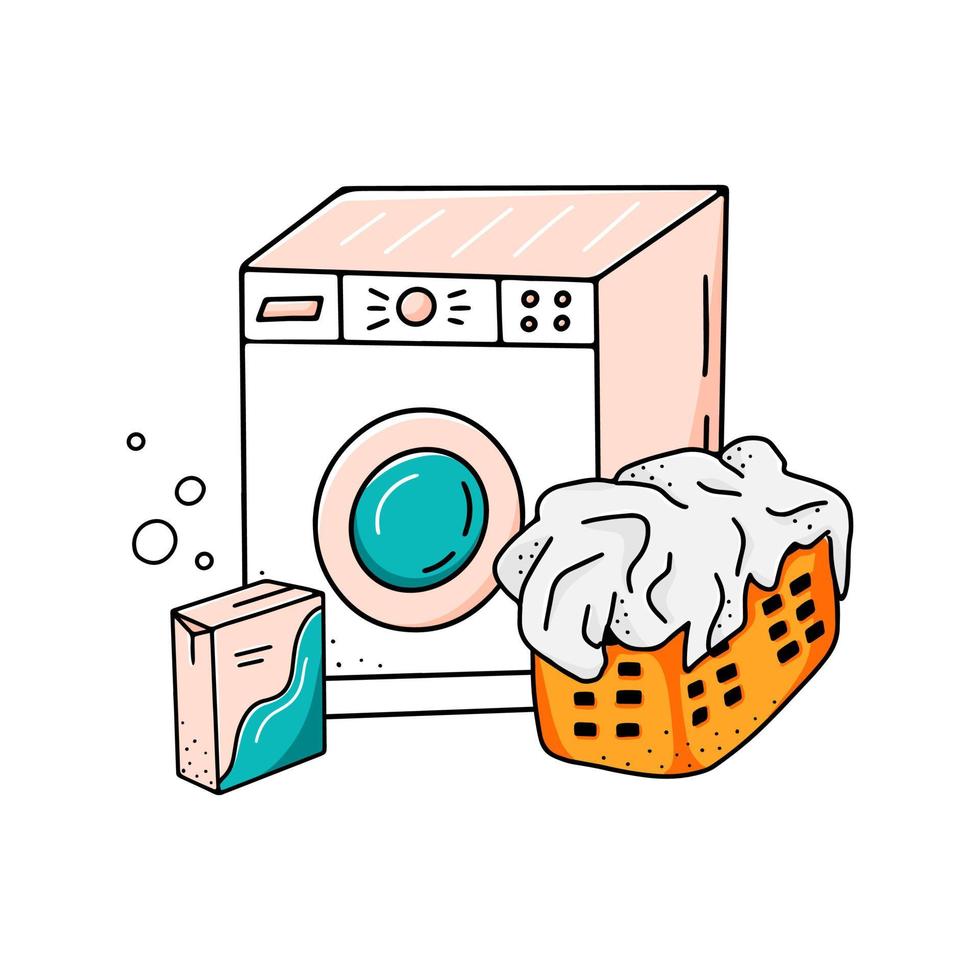 notion de lessive. illustration vectorielle dessinée à la main de la machine à laver, de la lessive en poudre et du panier à linge sale. style de griffonnage vecteur