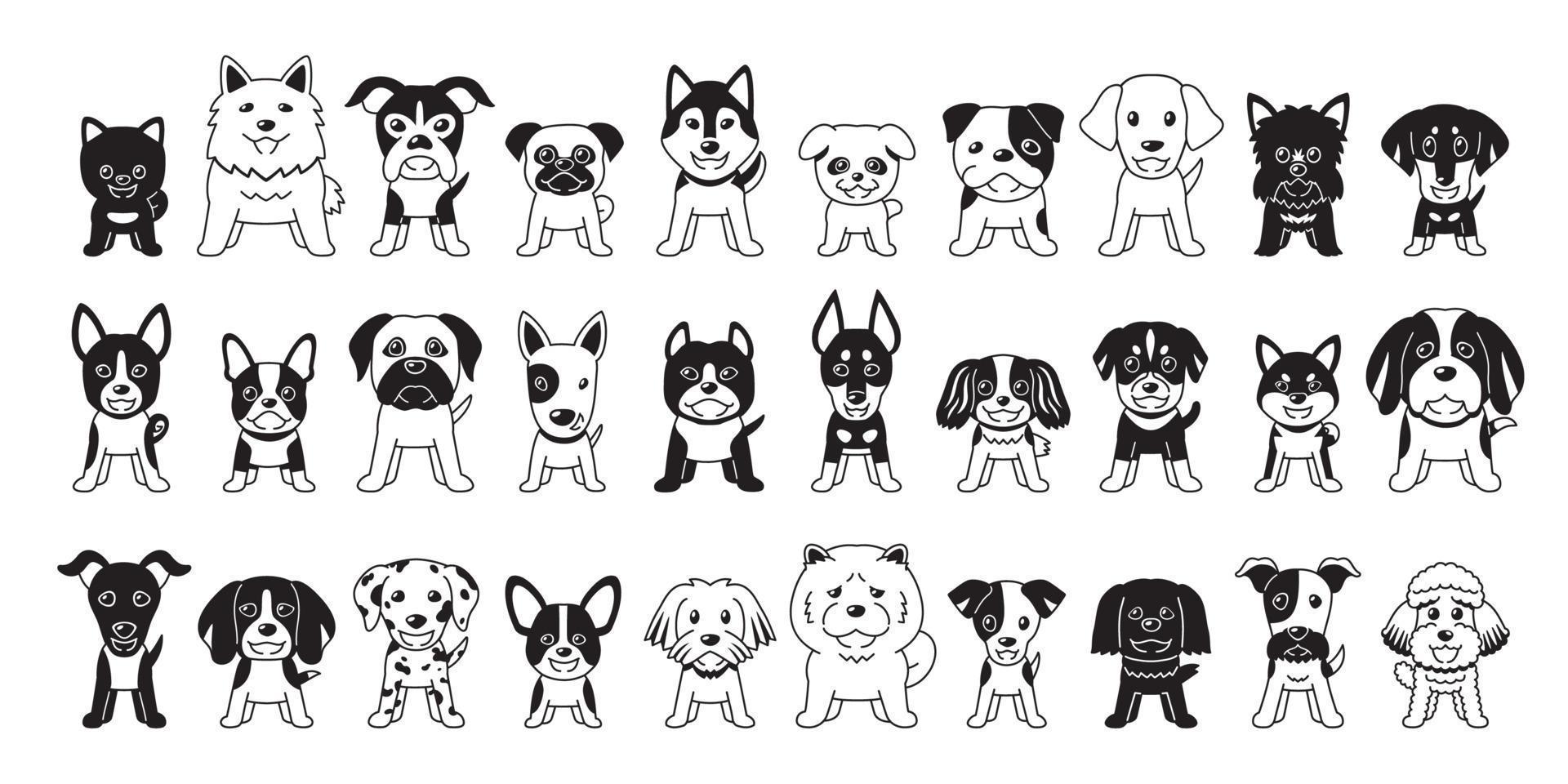 différents types de chiens de couleur noire de dessin animé de vecteur sur fond blanc