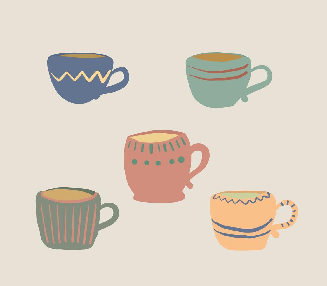 un ensemble de tasses. tasses à thé, café. les tasses avec un motif sont dessinées à la main. tasses pour boire du thé. vecteur