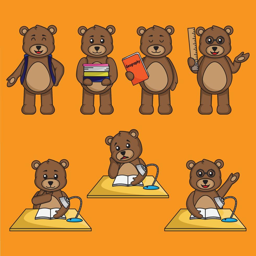 jeu de dessin animé ours en peluche mignon dans différentes poses d'apprentissage vecteur