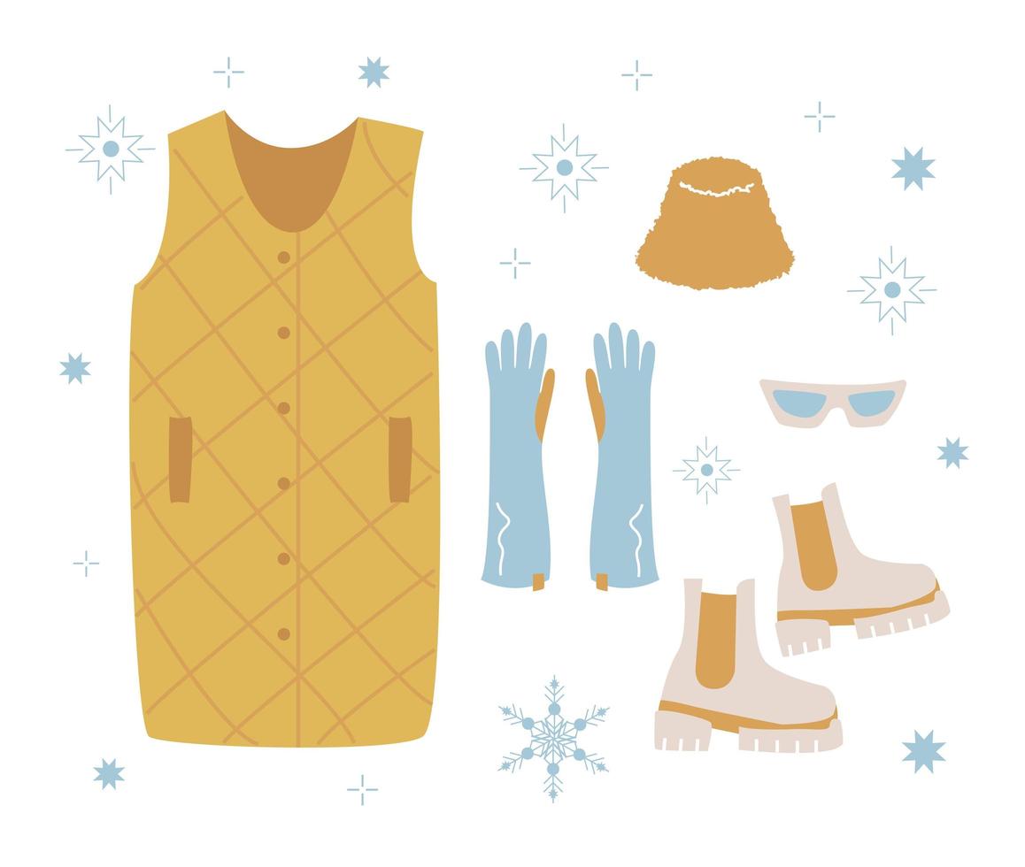 collection de vêtements d'hiver et de vêtements d'extérieur isolés sur fond clair - pull en laine, cardigan, manteau, bottes de neige, écharpe, bonnet, mitaines. lot de vêtements de saison. illustration vectorielle colorée vecteur