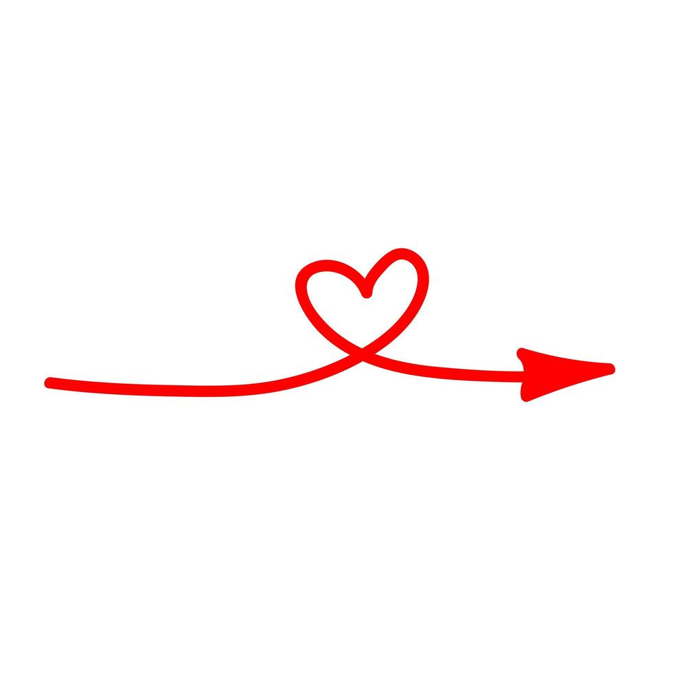 flèche rouge doodle linéaire avec coeur. amour pointeur, trajectoire, comme. élément de conception de vecteur pour les médias sociaux, la Saint-Valentin et les conceptions romantiques.