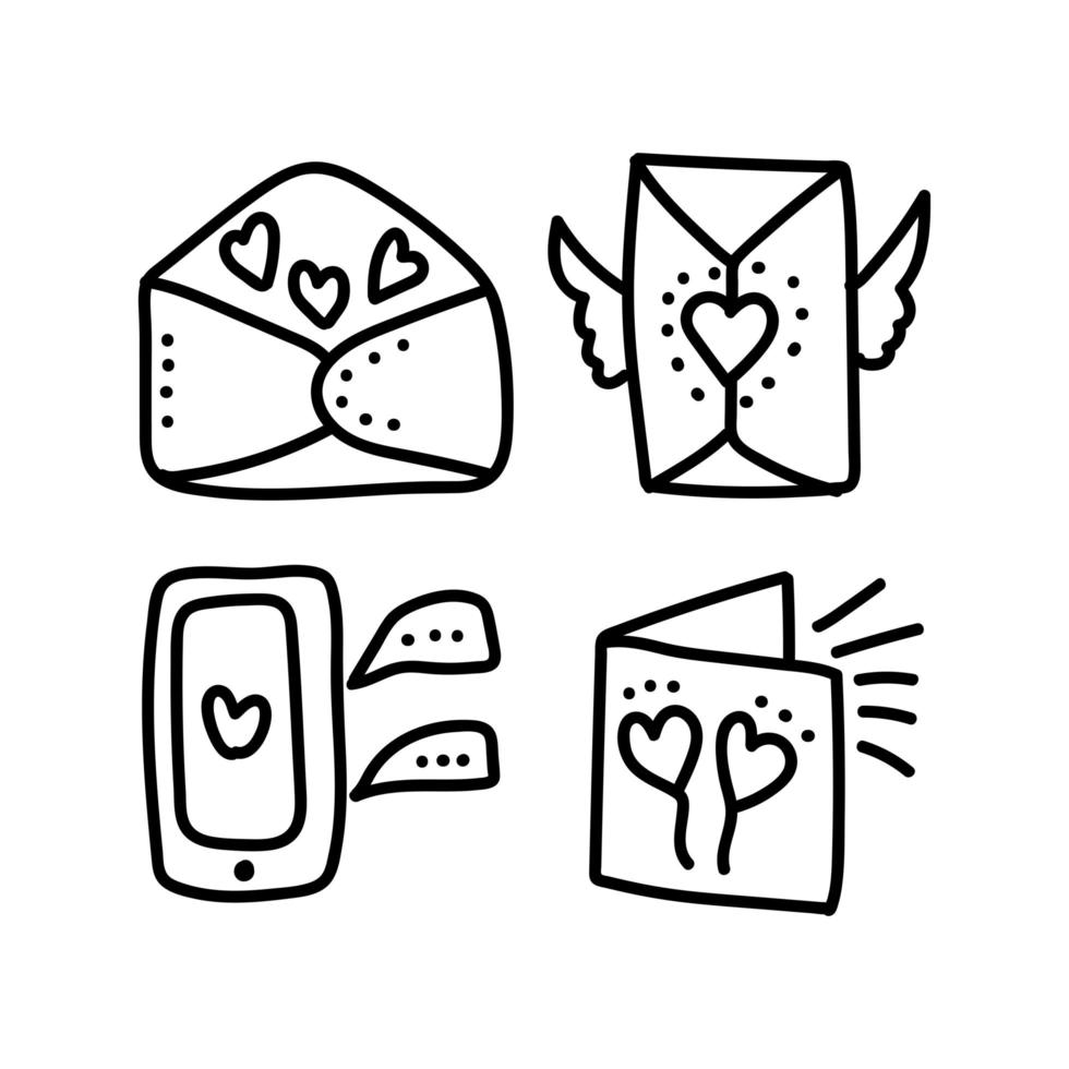 doodle saint valentin ensemble d'icônes message d'amour. envoyer une lettre d'amour. enveloppe avec coeurs d'amour, e-mail, carte postale, chat d'amour sur téléphone mobile. illustration dessinée à la main pour le web, la carte, les vacances, l'autocollant vecteur