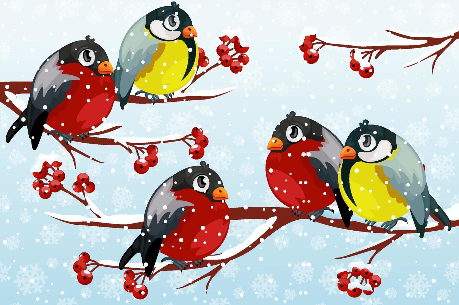 mésanges d'oiseaux de dessin animé et bouvreuils sur une branche de sorbier sous la neige. pour la décoration de noël, les affiches, les bannières et les soldes d'hiver. illustration vectorielle saison d'hiver vecteur