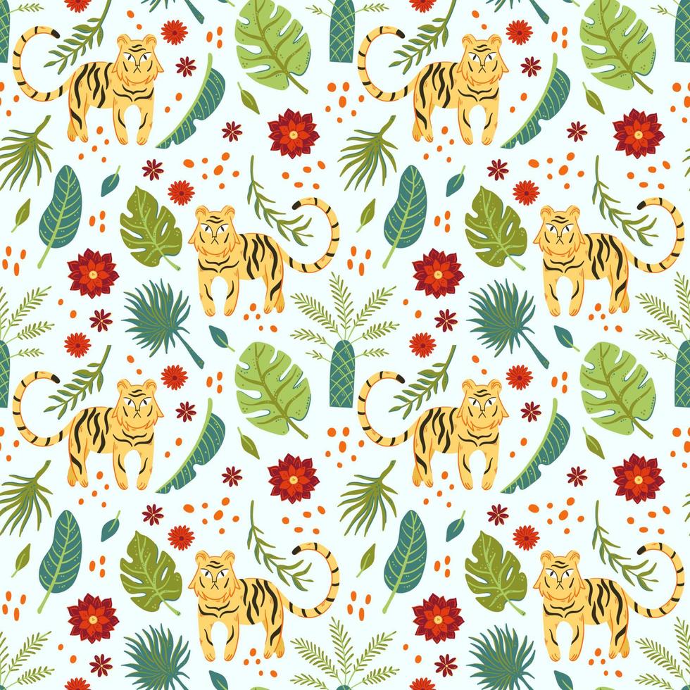 tigre avec safari plantes et fleurs fond vectorielle continue. conception de motifs animaux drôles pour les enfants vecteur