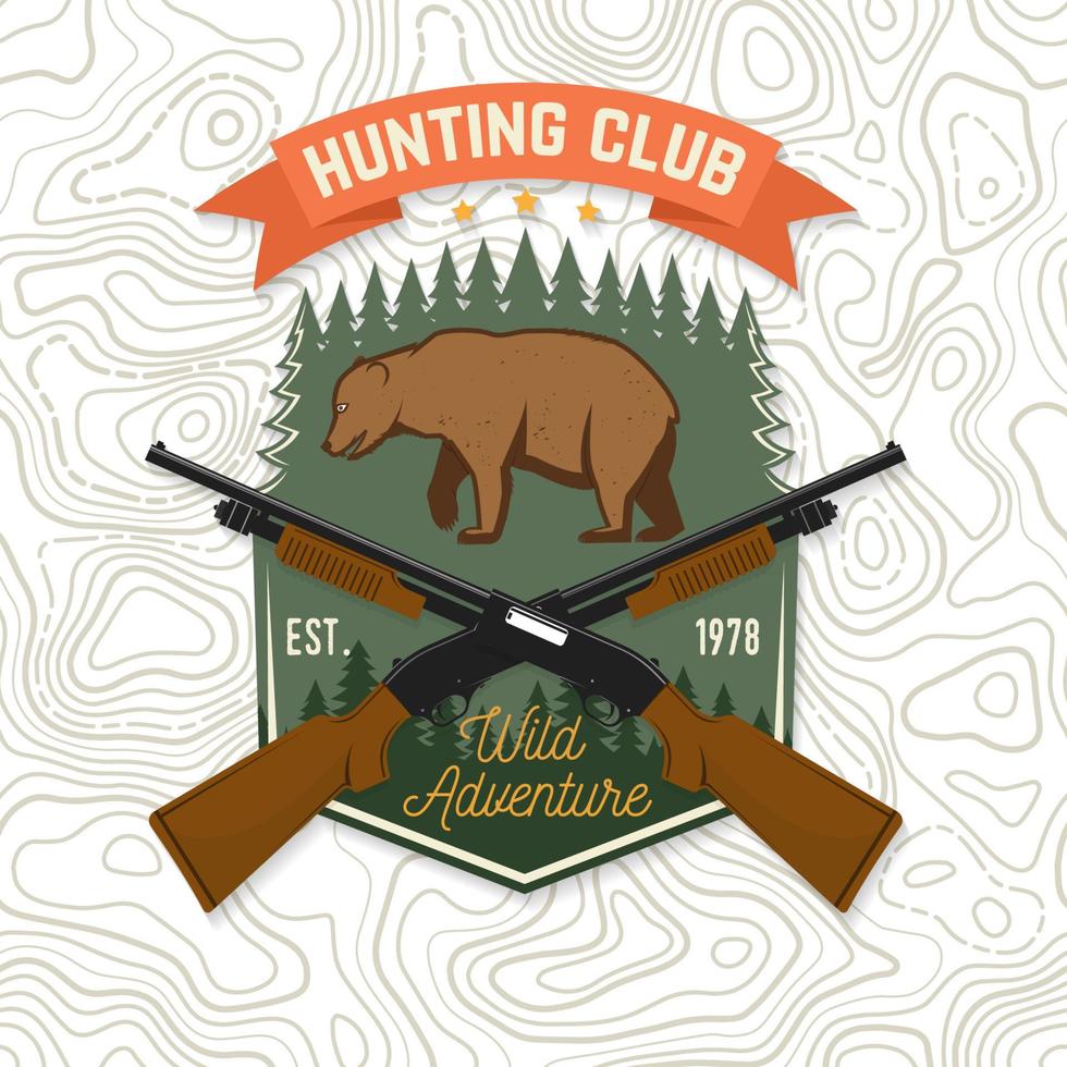 club de chasse. vecteur. concept pour chemise, étiquette, impression, timbre, patch. conception de typographie vintage avec fusil de chasse, silhouette d'ours et de forêt. emblème du club de chasse d'aventure en plein air. aventure sauvage. vecteur