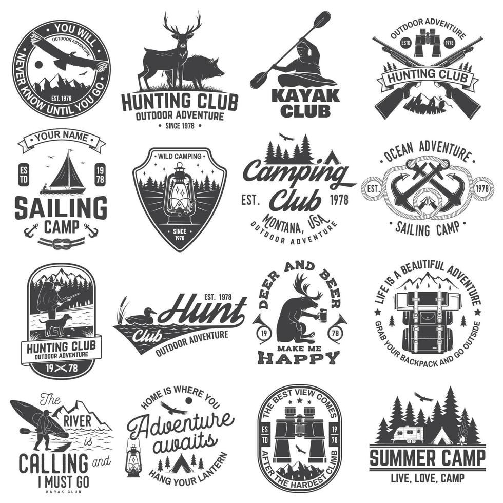 camp d'été, club de chasse, camp de voile, club de yacht, insignes de club de canoë et de kayak. vecteur. concept pour chemise ou logo, imprimé, patch. conception avec campeur, kayakiste, chasseur, silhouette de camp de voile vecteur