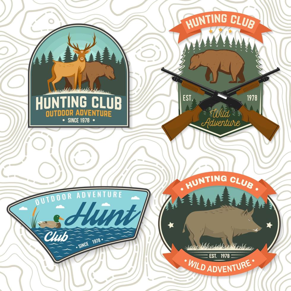 ensemble d'insignes de club de chasse. concept vectoriel pour chemise, impression, timbre. conception de typographie vintage avec fusil de chasse, sanglier, chasseur, ours, cerf, canard et forêt. emblème du club de chasse aventure en plein air