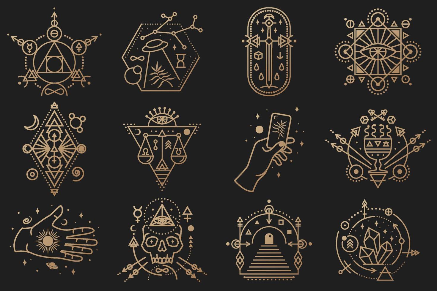 symboles ésotériques. vecteur. insigne géométrique en fine ligne. icône de contour pour l'alchimie, la géométrie sacrée. conception mystique et magique avec cristaux, soleil, vol d'ovni, étoiles, porte vers un autre monde et lune. vecteur