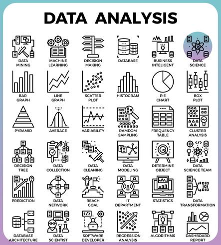 Icônes de ligne détaillées de concept d&#39;analyse de données vecteur