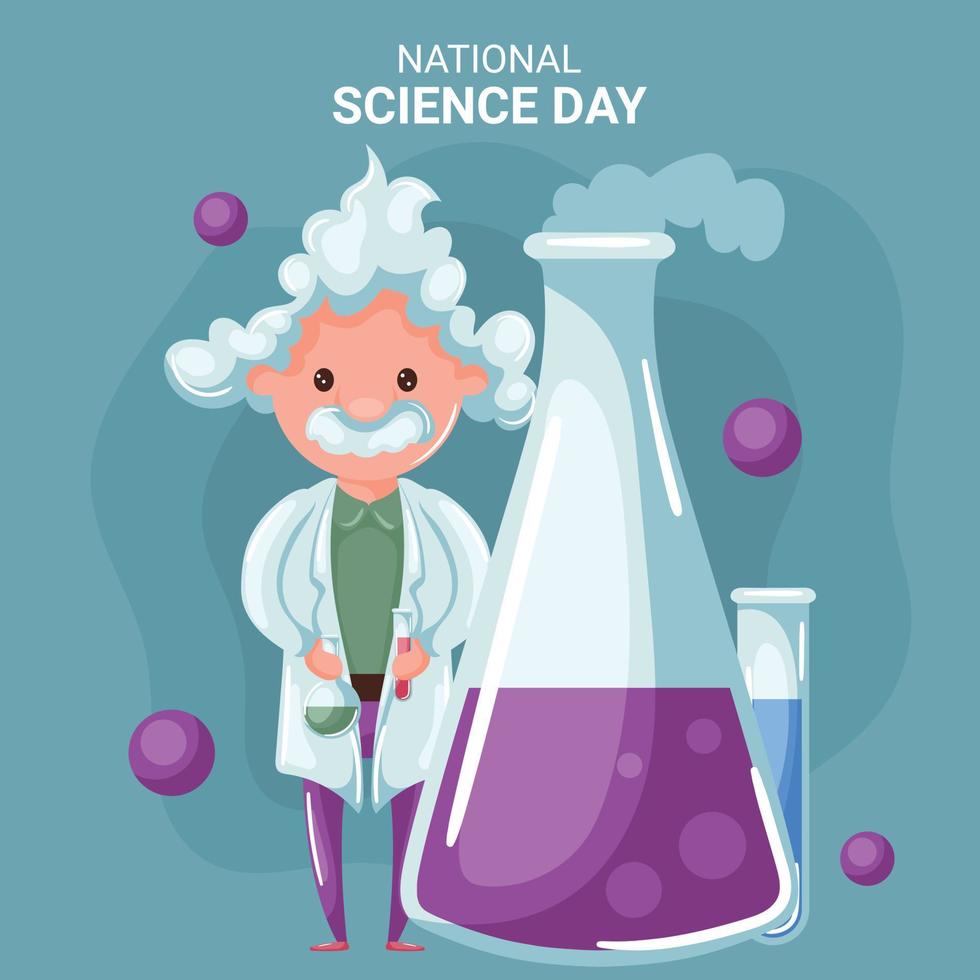 journée nationale des sciences avec un scientifique en laboratoire avec une fiole erlenmeyer, des tubes à essai et une fiole jaugée vecteur