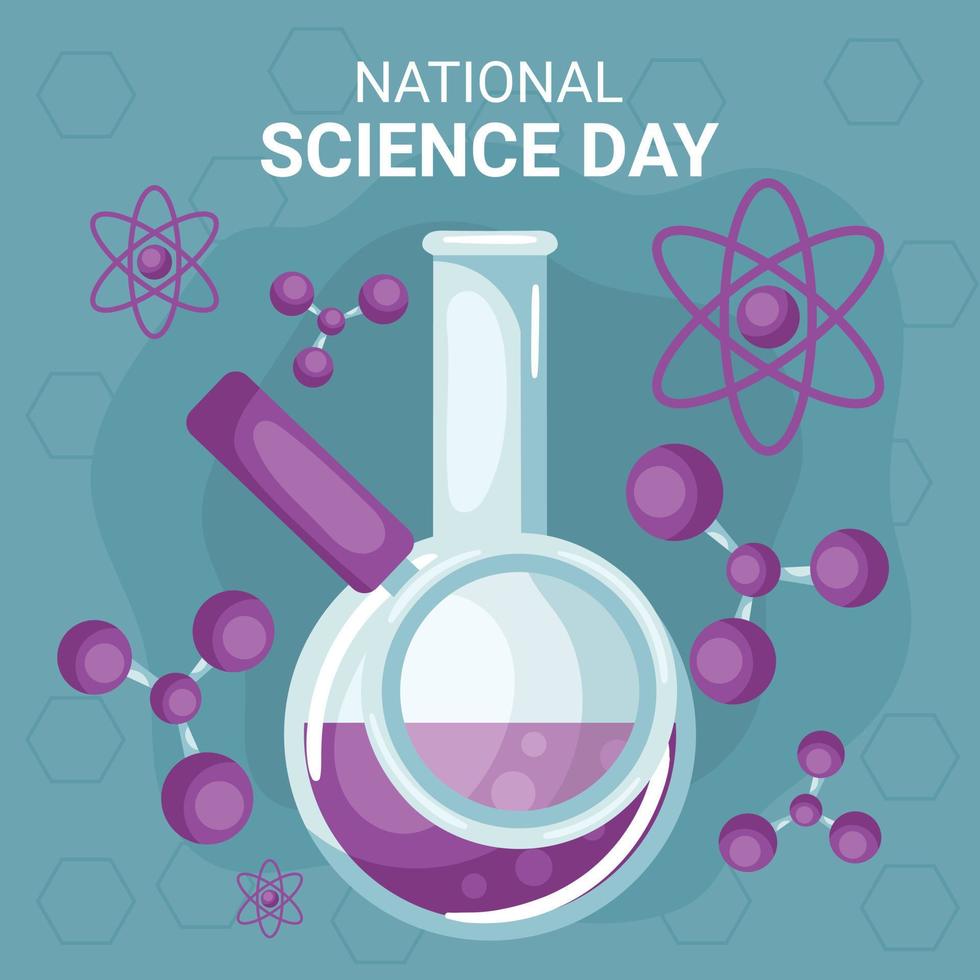 journée nationale de la science avec une fiole jaugée avec une loupe sur fond d'atomes et de molécules vecteur