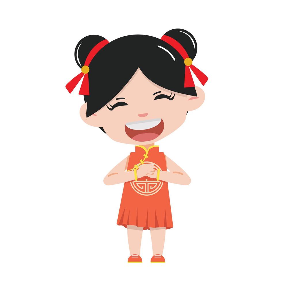 pose de salutation de dessin animé de jolie fille chinoise vecteur