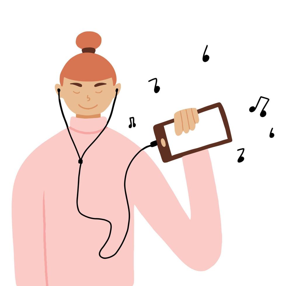 illustration vectorielle de fille écoutant de la musique au téléphone. jolie fille écoute de la musique avec des écouteurs. vecteur