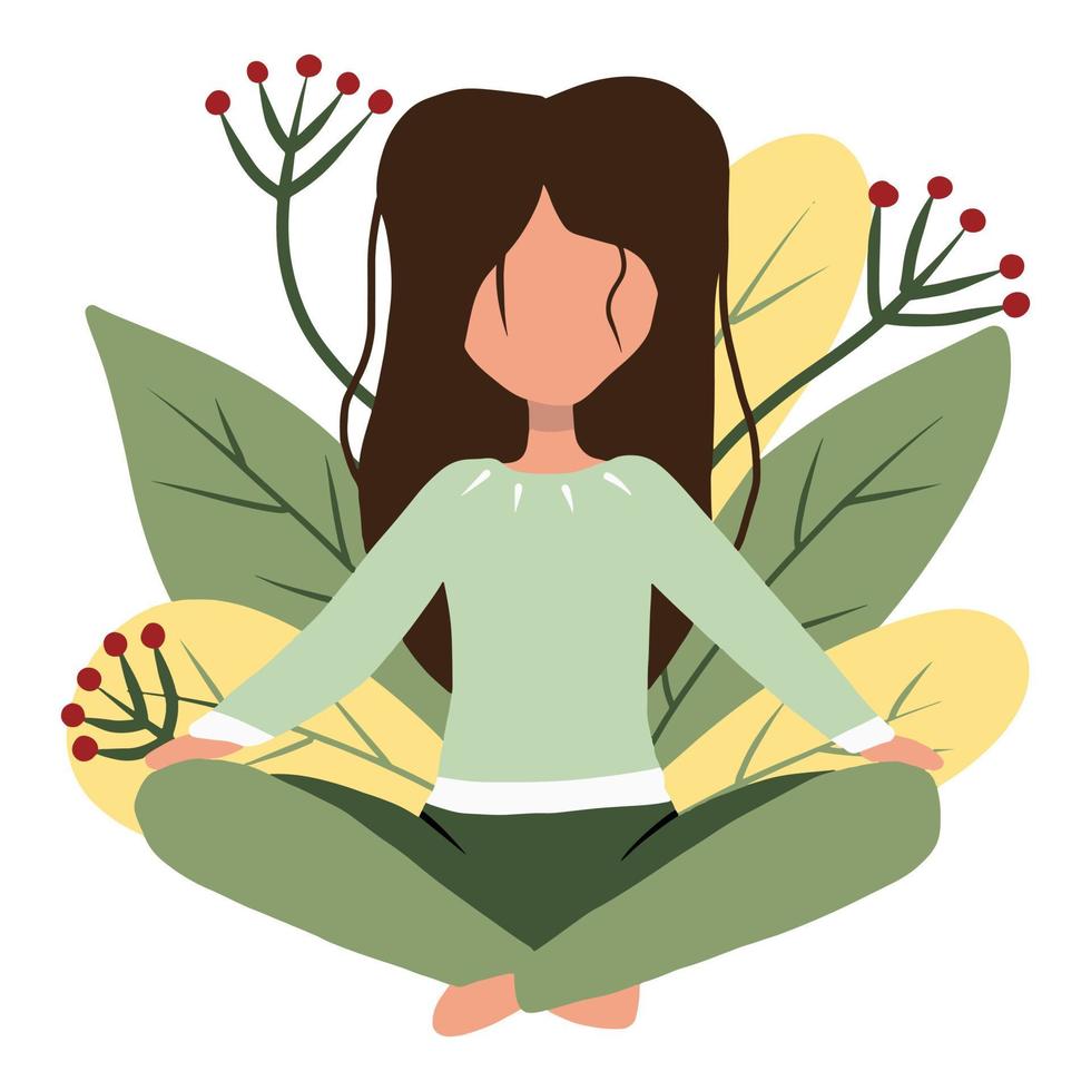 la femme est assise en position du lotus. je fais du yoga. jeune femme en pose de yoga faisant de la méditation, de la pratique de la pleine conscience, de la discipline spirituelle à la maison. vecteur