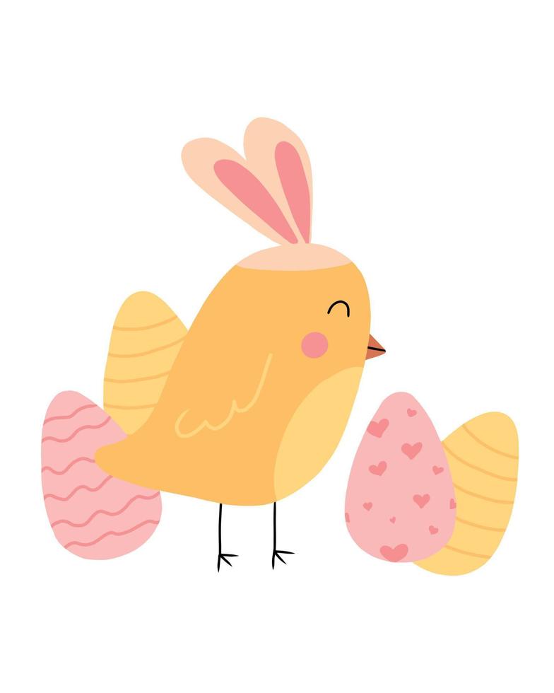 illustration vectorielle d'un poussin mignon avec des oeufs de pâques. illustration enfantine d'un mignon poussin de pâques avec des oreilles de lapin. joyeuses Pâques. vecteur