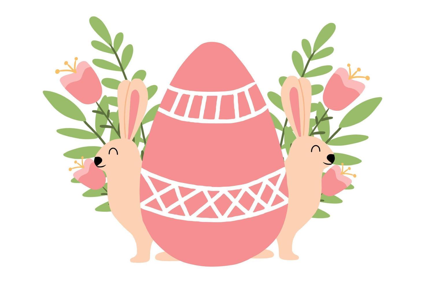lapin de pâques avec illustration vectorielle d'oeufs. jolie carte postale pour pâques avec un lapin. lapin avec des oeufs, des fleurs et des feuilles. vecteur