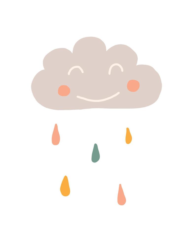 illustration vectorielle de nuage mignon dans un style bohème. joli nuage boho dessiné à la main avec des gouttes de pluie. décoration de chambre d'enfant de style bohème. vecteur