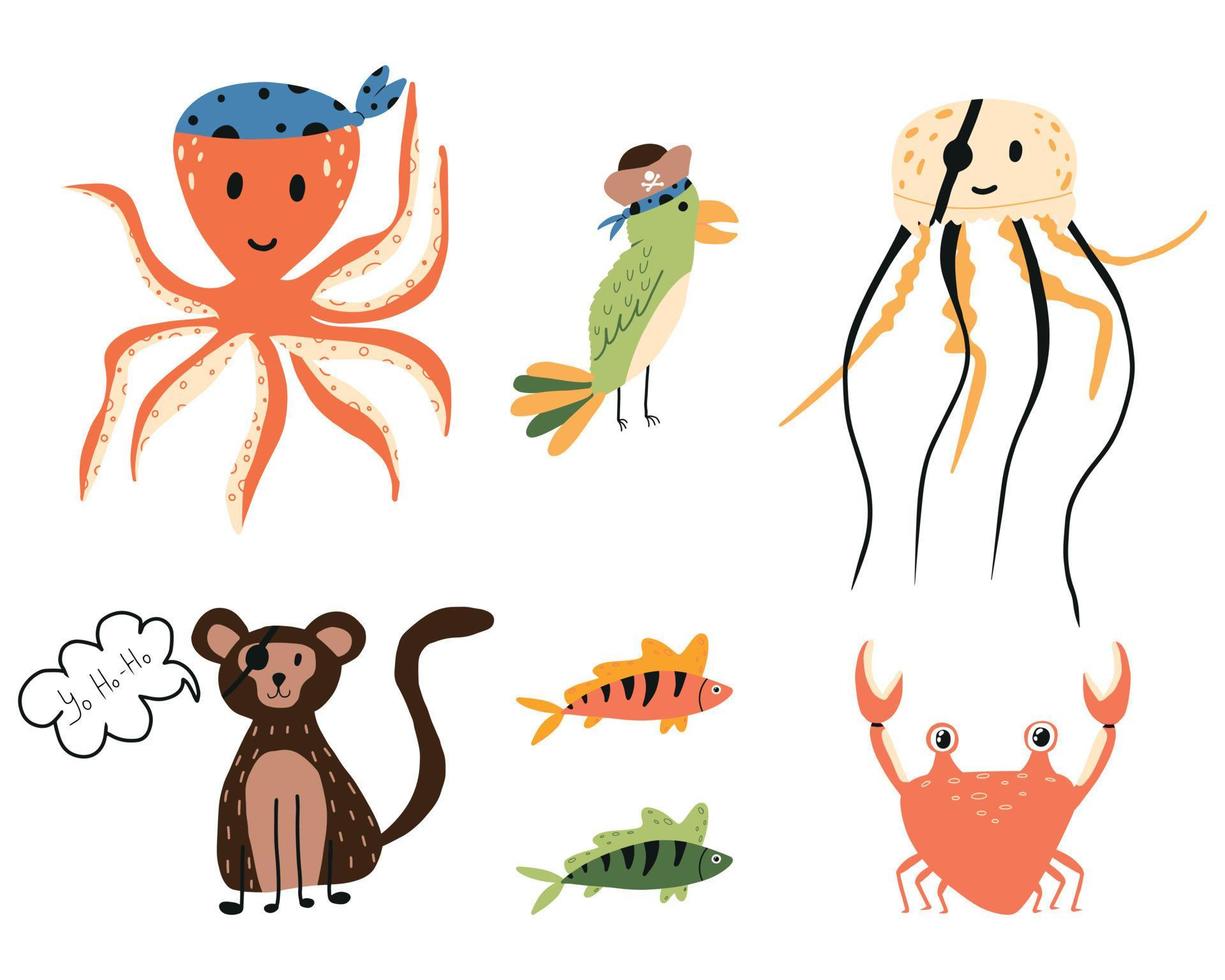 ensemble vectoriel d'animaux pirates pour enfants. un ensemble d'animaux pirates. poulpe, perroquet, méduse, singe en costume de pirate.