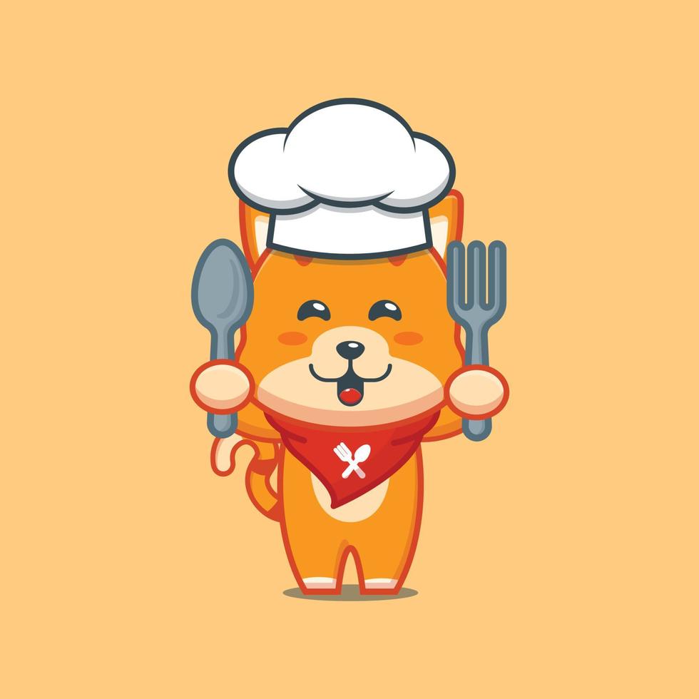 personnage de dessin animé de mascotte de chef de chat mignon tenant une cuillère et une fourchette vecteur