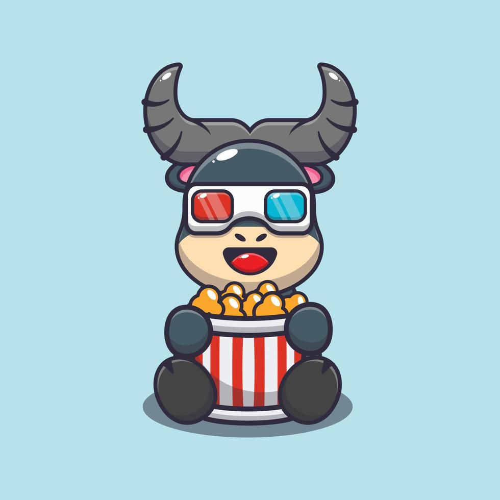 illustration de dessin animé de mascotte de buffle mignon manger du pop-corn et regarder un film en 3d vecteur