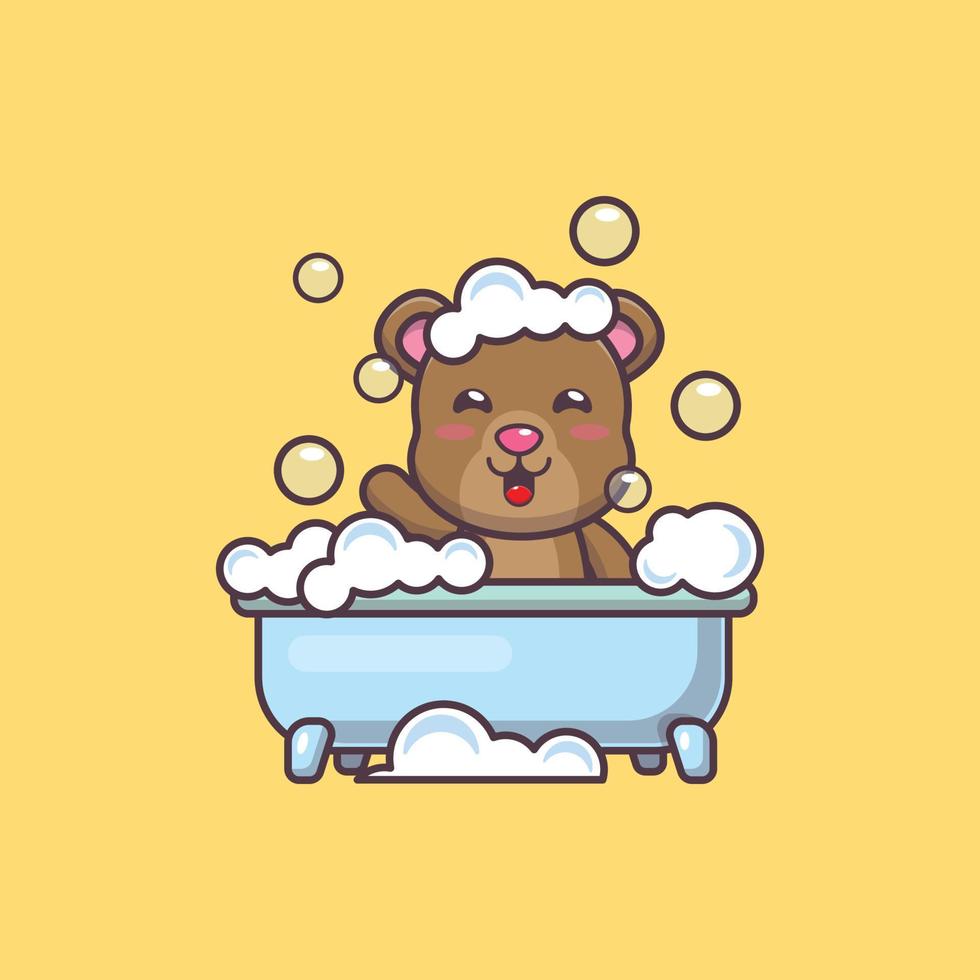 illustration de dessin animé de mascotte d'ours mignon prenant un bain moussant dans la baignoire vecteur