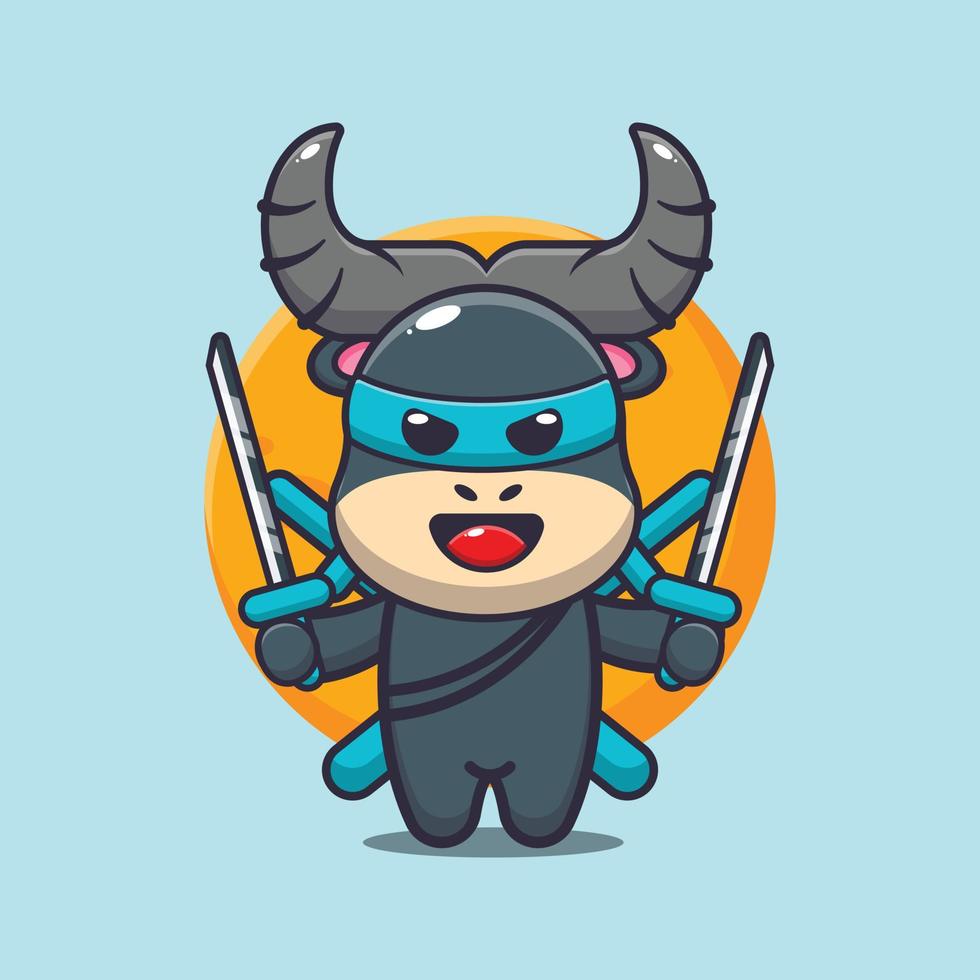 illustration de dessin animé de mascotte de buffle ninja mignon vecteur