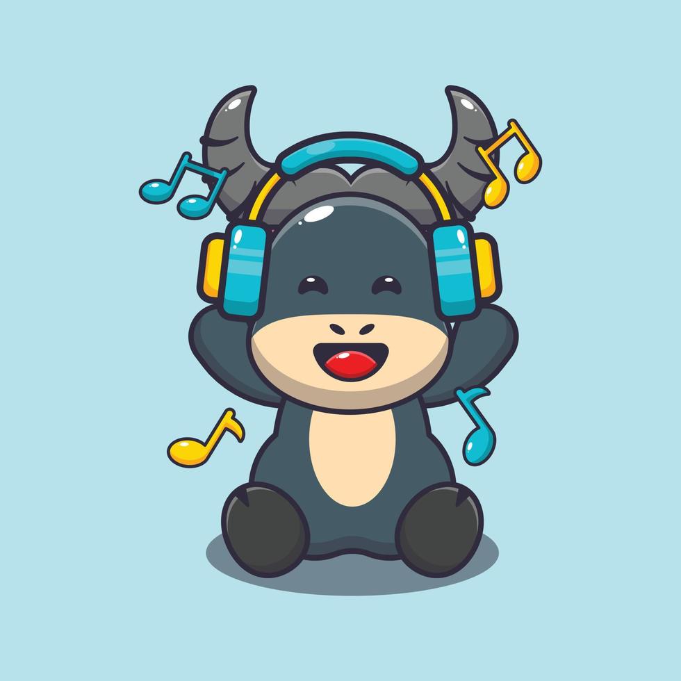 illustration de dessin animé de mascotte de buffle mignon écoutant de la musique avec un casque vecteur