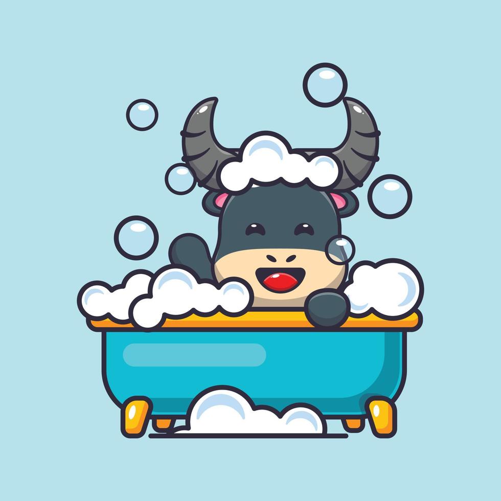 illustration de dessin animé de mascotte de buffle mignon prenant un bain moussant dans la baignoire vecteur