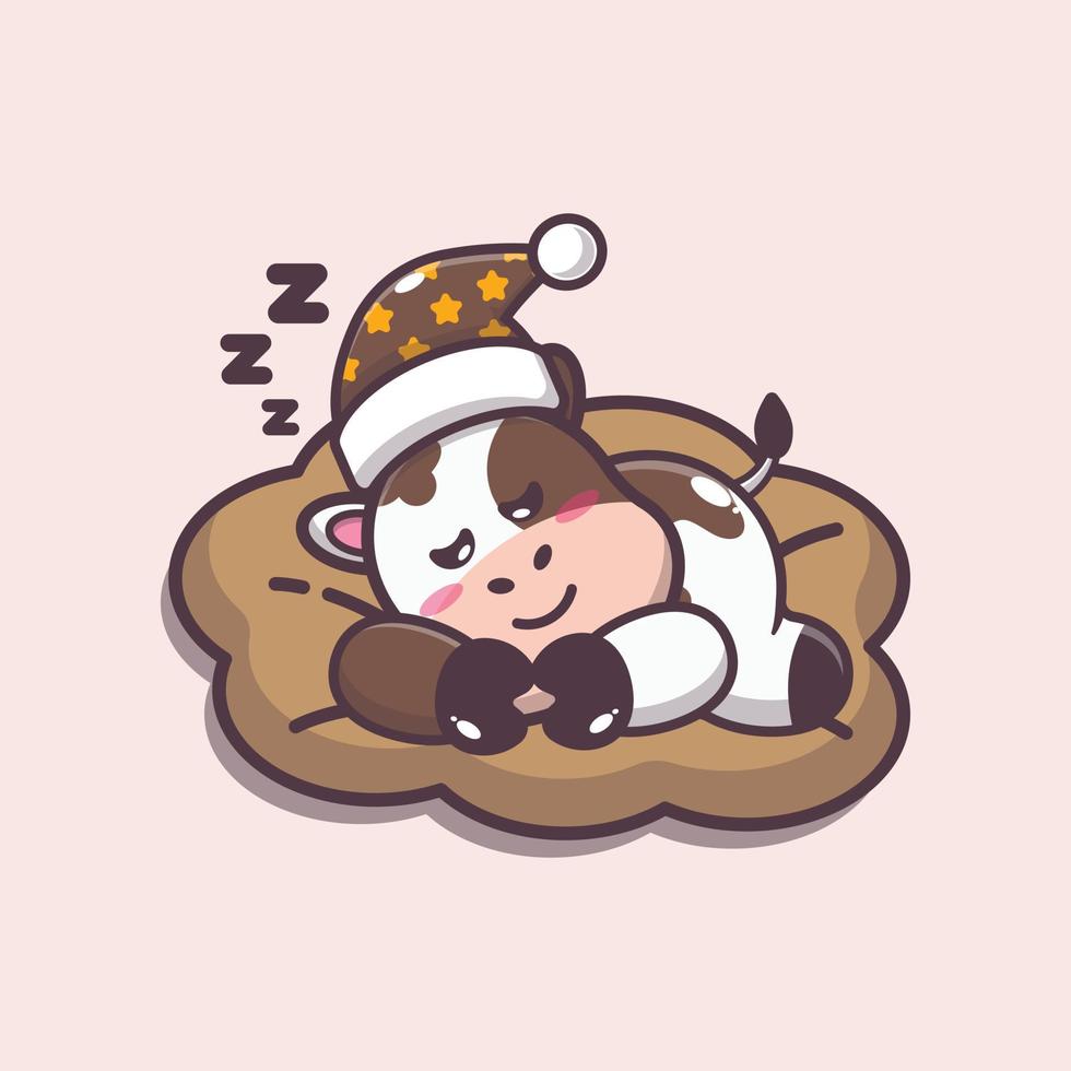 illustration de dessin animé de mascotte de vache endormie mignonne vecteur