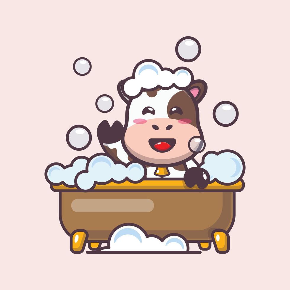 illustration de dessin animé de mascotte de vache mignonne prenant un bain moussant dans la baignoire vecteur