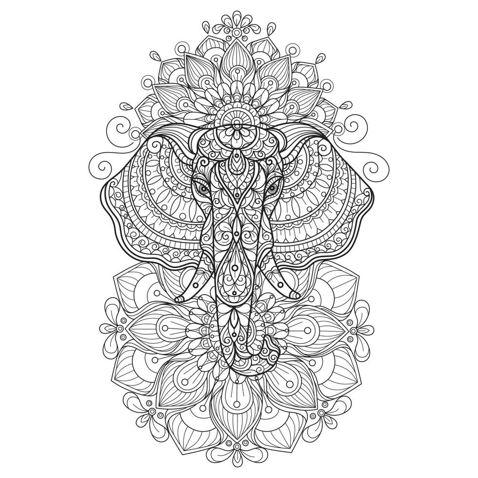 éléphant et lotus dessinés à la main pour livre de coloriage adulte vecteur