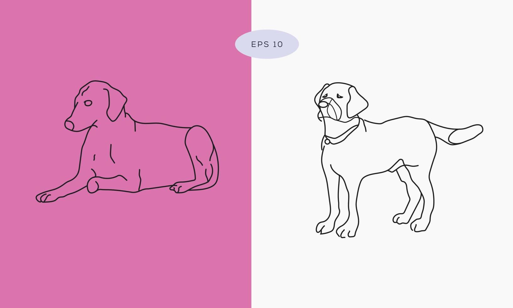 collection dans différentes poses dans le style d'illustration vectorielle de dessin à main libre, dessin d'une seule ligne de chien. dessin de contour de chien. icône minimaliste d'animaux d'une ligne vecteur