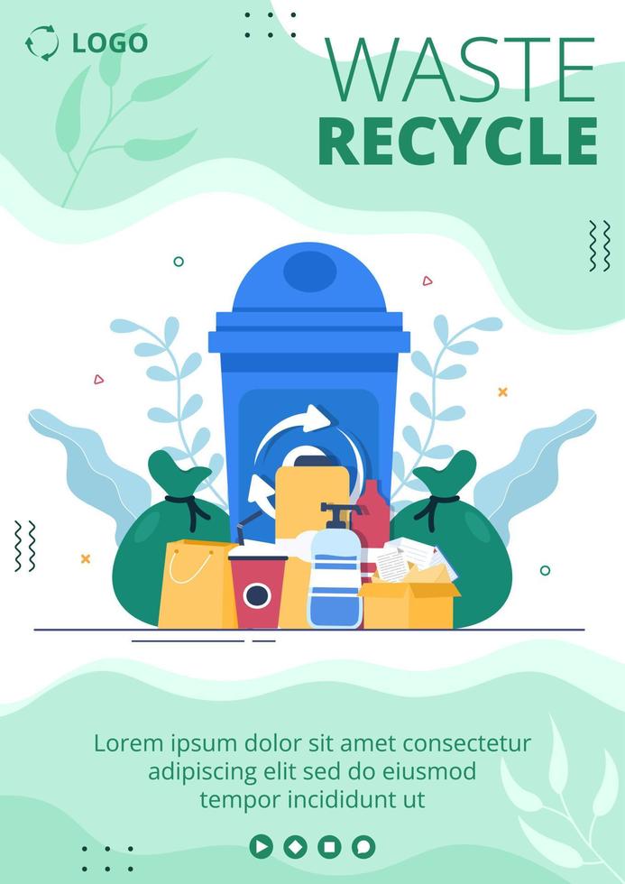 processus de recyclage avec illustration plate de modèle de flyer poubelle modifiable de fond carré adapté aux médias sociaux ou aux publicités internet sur le web vecteur