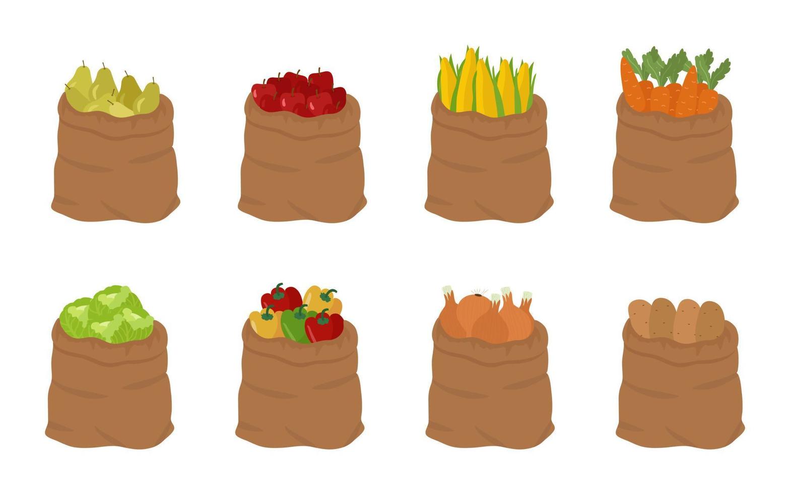 sachets de fruits et légumes. les sacs en toile de jute sont remplis. illustration vectorielle isolée sur fond blanc. vecteur