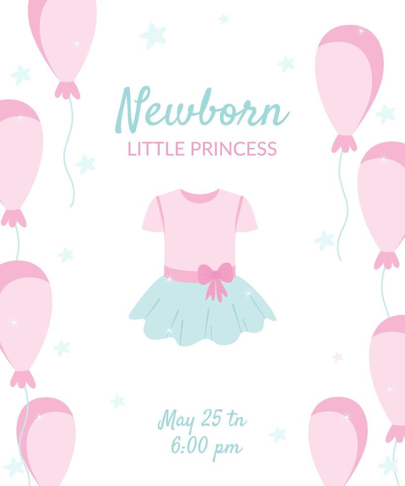 une carte postale pour une petite princesse nouveau-née, avec une jolie robe et des ballons. illustration vectorielle festive dans des couleurs pastel délicates. vecteur
