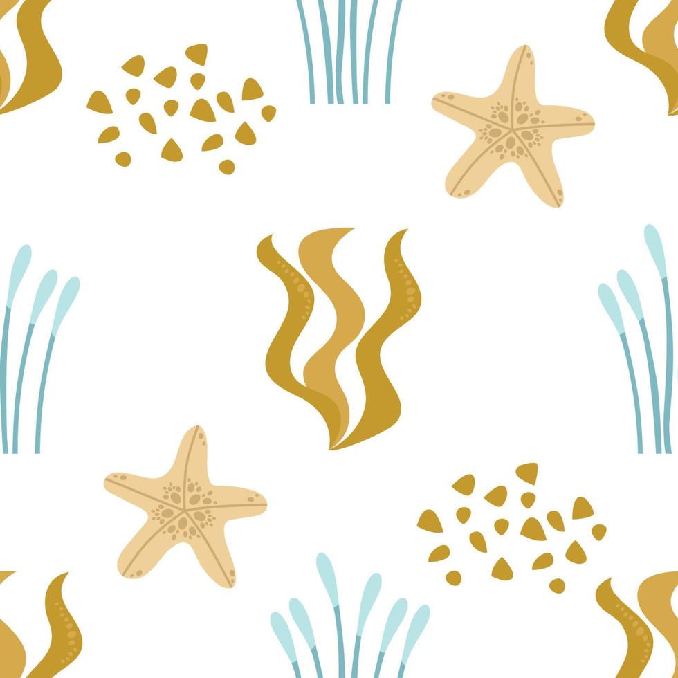 étoiles de mer et algues brunes et vertes. modèle sans couture sur fond blanc. collection marine. illustration vectorielle pour l'impression sur papier, tissu, emballage textile. vecteur