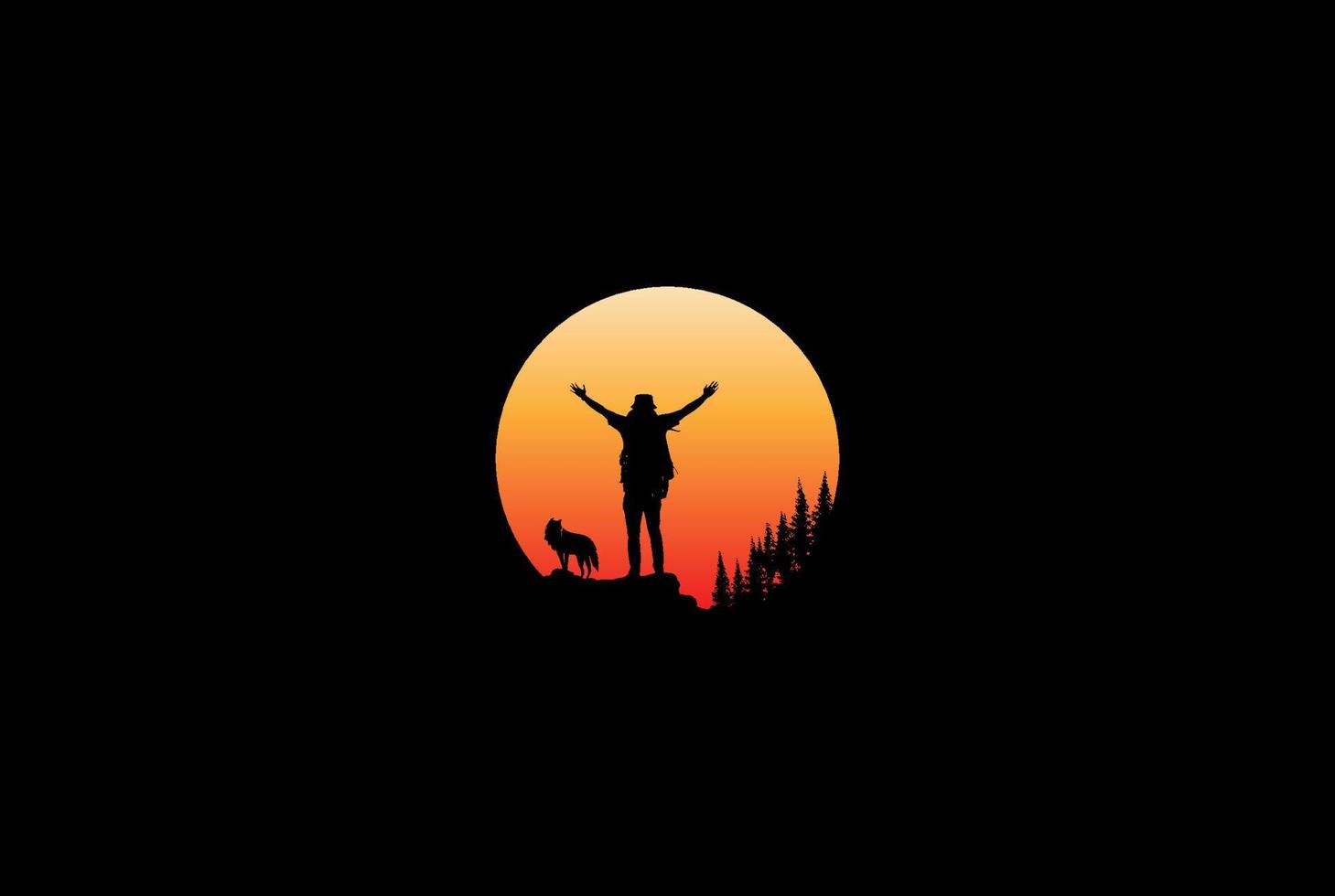 coucher de soleil lever du soleil homme grimpant au sommet de la montagne avec un chien loup et un vecteur de conception de logo de forêt de sapins à feuilles persistantes de cèdre de pin