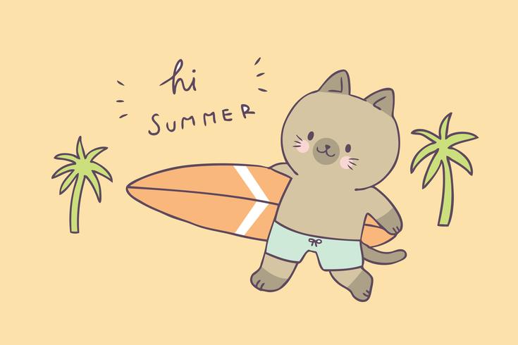 Chat d&#39;été mignon de bande dessinée et vecteur de surf.